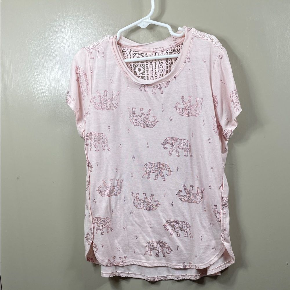 Y2K Mudd Elephant Print Graphic Tee Size 10 Pink Lace Back